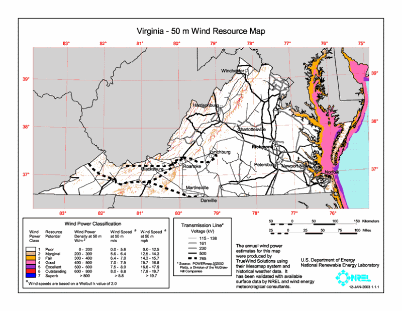 Virginia - 50 m Wind Resource Map